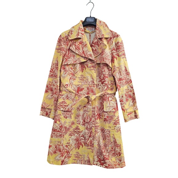 Gabriele Geppert Jackets & Blazers - Gabriele Geppert Trench Coat Womens 42 Yellow Red Toile Horse Graphic Belted EUC